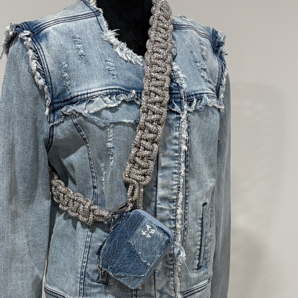 KARA Denim Patchwork Crystal Cobra Bike Wallet.